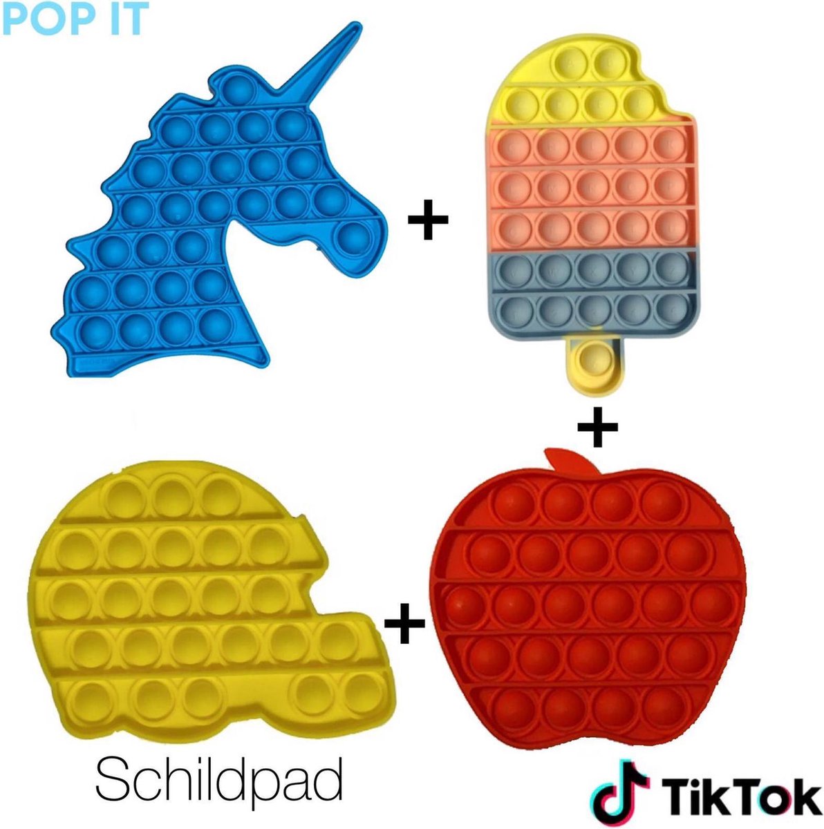 Pop it fidget toys | fidget toys pakket set 4 in 1 eenhoorn blauw + regenboog ijsje + schildpad geel + appel rood | Tiktok trend 2021 | Anti stress